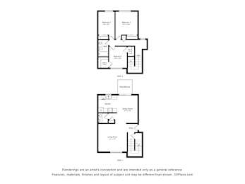 A drawing of a house with two levels and a basement.