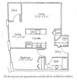 A floor plan of a small apartment with a deck, dining area, kitchen, bathroom, bedroom, and living room.