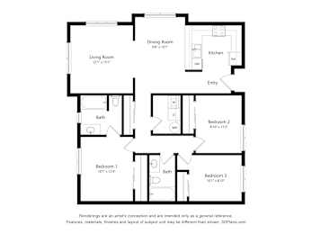 A floor plan of a house with a living room, dining room, kitchen, and three bedrooms.