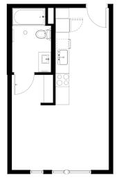 A floor plan of a room with a kitchen area, a bathroom, and a living room.