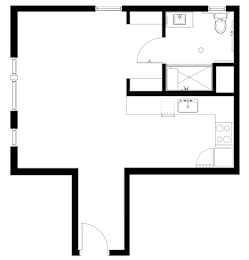 A floor plan of a house with a kitchen, living room, and bathroom.