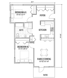  Floor Plan 2 Bed, 1 Bath  B1
