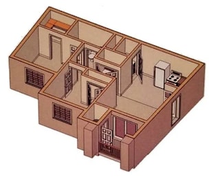 A drawing of a three-story building with multiple windows and doors.