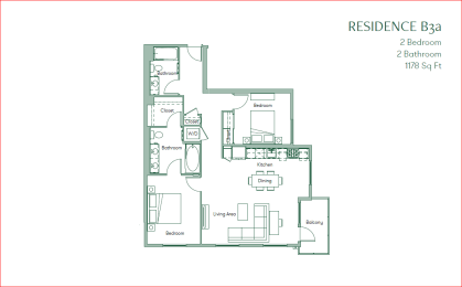 The Baxter floorpan 2 Bedroom 2 Bath 1178 square feet at The Baxter Apartments, Los Angeles, CA, 90028