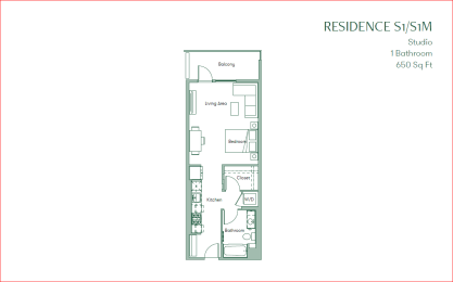 the residence studio floor plan with 650 square feet at The Baxter Apartments, Los Angeles, CA, 90028