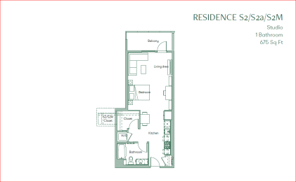 the floor plan of residence studio with a 675 square feet at The Baxter Apartments, Los Angeles, CA