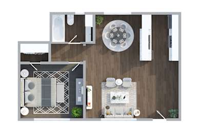 A floor plan of a small apartment with a kitchen, living room, and bathroom.