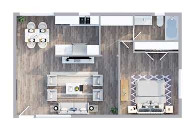A top down view of a living room, kitchen, and dining area.