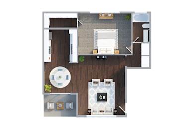 A top-down view of a kitchen with a dining table and chairs.