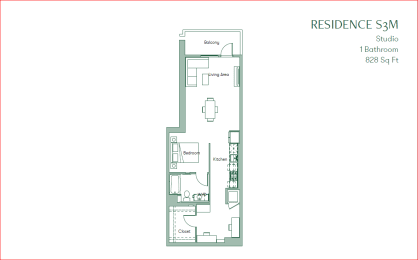floor plan of 828 square feet studio at The Baxter Apartments, Los Angeles