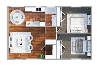 A top-down view of a living room, kitchen, and bedroom.