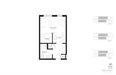 A black and white image of a floor plan for a studio apartment.
