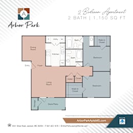 A diagram of a 2 Bedroom Apartment in Arbor Park showing the layout of the rooms.