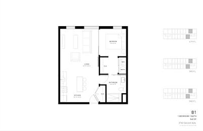 A black and white image of a floor plan for a 1 bedroom, 1 bath, 600 square foot apartment.