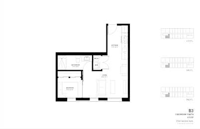 A black and white image of a floor plan for a home with a kitchen, living room, and bathroom.