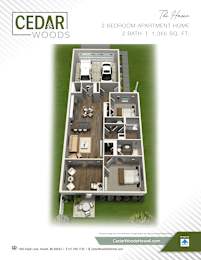 Floor Plan  A floor plan for a two bedroom apartment home by Cedar Woods.