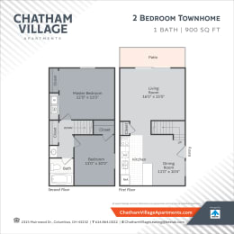 2 bedroom townhomes floor plan image at Chatham Village Apartments, Ohio