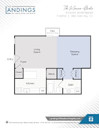 A floor plan for a studio apartment at The Landings of Madison Heights.