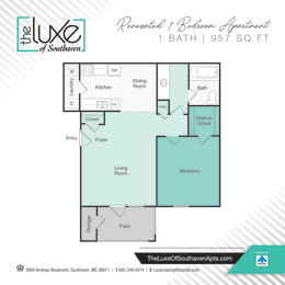 1 bed 1 bath floor plan D at The Luxe of Southaven, Southaven, Mississippi