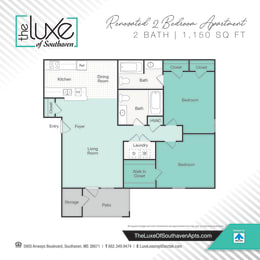 2 bed 2 bath floor plan C at The Luxe of Southaven, Southaven, MS, 38671