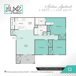 3 bed 2 bath floor plan B at The Luxe of Southaven, Southaven, Mississippi
