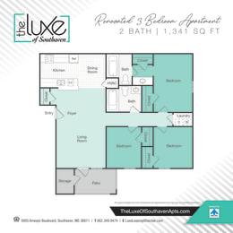 3 bed 2 bath floor plan A at The Luxe of Southaven, Southaven, 38671