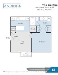 A floor plan for a 1 bedroom apartment at The Landings.