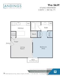 A floor plan for a studio apartment at The Landings of Madison Heights.