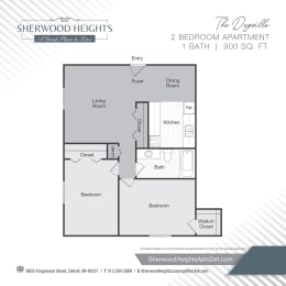 a floor plan of a two bedroom apartment with a bathroom and a closet
