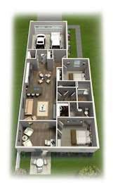 Floor Plan  A 3D floor plan of a house with a garage and a car.