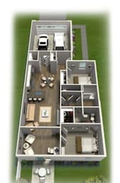 Floor Plan  A 3D floor plan of a house with a garage and a car.