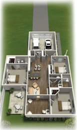 Floor Plan  A 3D rendered image of a house layout with a garage, living room, kitchen, dining room, and two bedrooms.