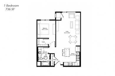 Floor Plan  A black and white image of a floor plan for a 1 Bedroom, 736 SF apartment.