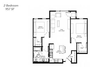 Floor Plan  A black and white image of a 2 bedroom, 957 square foot floor plan.