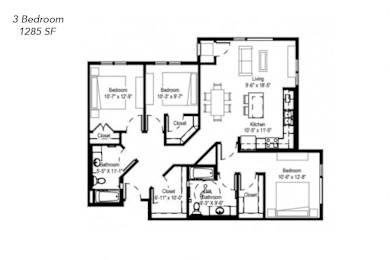 Floor Plan  A black and white image of a 3 Bedroom, 1285 SF floor plan.