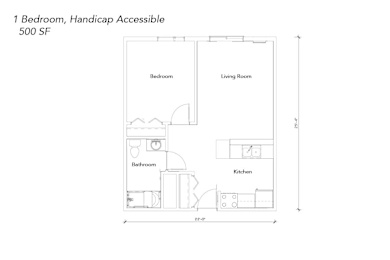 Floor Plan  A floor plan of a handicap accessible 1 bedroom, 500 square feet.