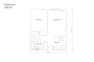 Floor Plan  A floor plan of a 1 Bedroom, 500 square feet apartment.