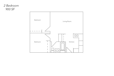 Floor Plan  A floor plan of a 2 bedroom apartment with a living room and kitchen.