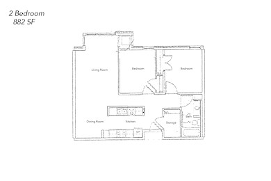 Floor Plan  A floor plan of a 2 bedroom apartment with a living room, dining room, kitchen, and storage space.