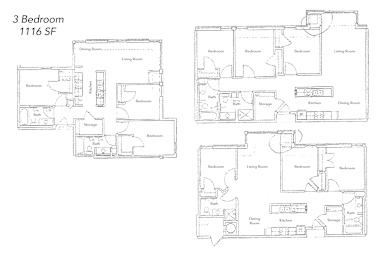 Floor Plan  A floor plan of a 3 bedroom apartment with 1116 square feet.