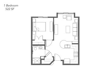 Floor Plan  A floor plan of a 1 bedroom apartment sized 522 square feet.