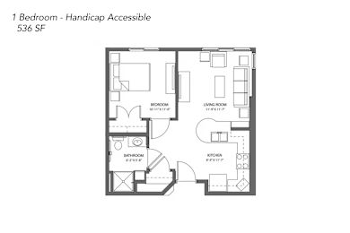 Floor Plan  A floor plan of a handicap accessible apartment with one bedroom.