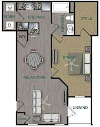 Floorplan image of a 1 bedroom, 1 bathroom with 822 sq. ft. at Stonepost Crossing Apartments, Overland Park, KS, 66213