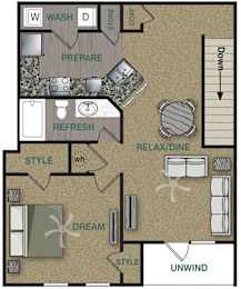 Floorplan image of a 1 bedroom, 1 bathroom with 911 sq. ft. at Stonepost Crossing Apartments, Overland Park, Kansas