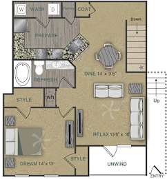 Floorplan image of a 1 bedroom, 2 bathroom with 936 sq. ft. at Stonepost Crossing Apartments, Overland Park, 66213