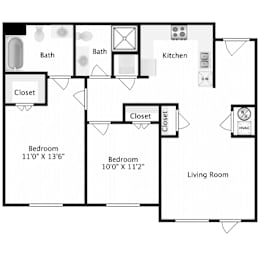 A floor plan of a house with two bedrooms, a living room, a kitchen, and two bathrooms.