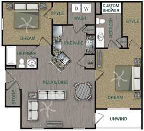 Floorplan image of a 2 bedroom, 2 bathroom with 1,096 sq. ft. at Stonepost Crossing Apartments, Overland Park, 66213