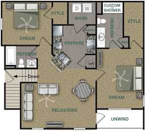 Floorplan image of a 2 bedroom, 2 bathroom with 1.149 sq. ft. at Stonepost Crossing Apartments, Overland Park, Kansas