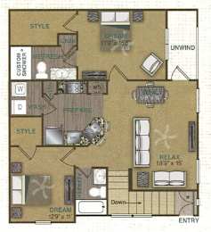 Floorplan image of a 2 bedroom, 2 bathroom with 1,149 sq. ft. at Stonepost Crossing Apartments, Kansas, 66213