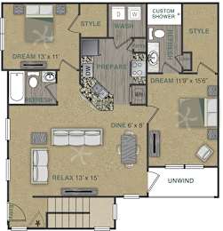 Floorplan image of a 2 bedroom, 2 bathroom with 1,243 sq. ft. at Stonepost Crossing Apartments, Overland Park